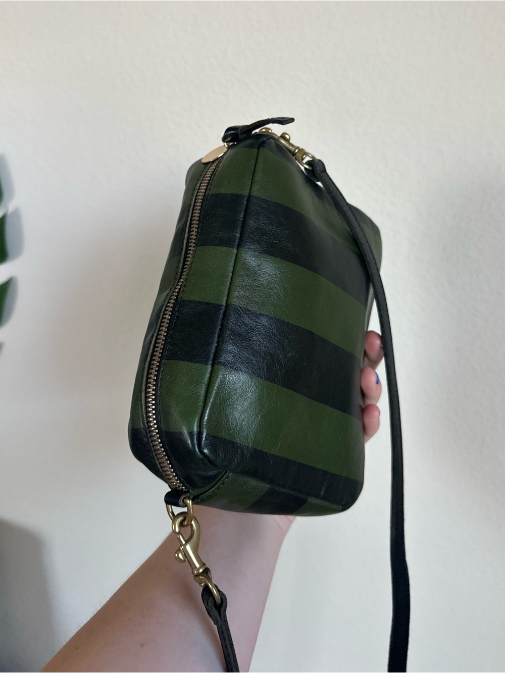 Clare V Striped Leather Crossbody Midi Sac Bag in Black/Fern Stripe - Picture 11 of 16